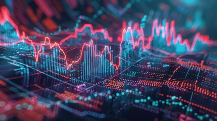 Circuit board with glowing red and blue lines representing a stock market graph. - obrazy, fototapety, plakaty