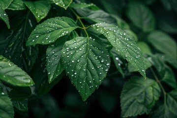 A leaf with water droplets on it. The droplets are small and scattered, giving the impression of a light rain. The leaf is green and he is fresh and healthy - generative ai - obrazy, fototapety, plakaty