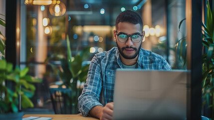 Portrait of a young male tech worker working on a laptop in a modern office, person typing on laptop 