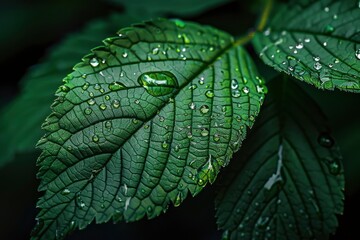 A leaf with water droplets on it. The droplets are small and scattered, giving the impression of a light rain. The leaf is green and he is fresh and healthy - generative ai - obrazy, fototapety, plakaty