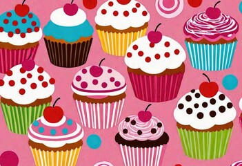 sweet wallpaper with a pattern of cupcakes in different shades of pink, overlaid with a delicious multicolored painting of a bakery.