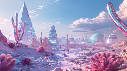 a futuristic cityscape featuring a white cloud and blue sky, with a pink flower adding a pop of col