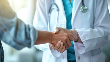two doctors, one wearing a blue shirt and the other a white shirt, shake hands while holding hands