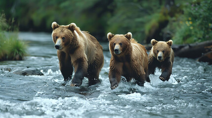 a group of brown bears wade in the water, with one bear's wet leg visible in the foreground