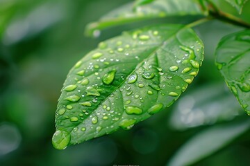 A leaf with water droplets on it. The droplets are small and scattered, giving the impression of a light rain. The leaf is green and he is fresh and healthy - generative ai