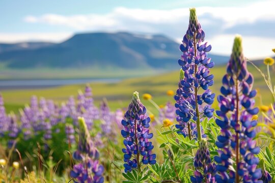 Lupine flowers on mountain landscape outdoors blossom