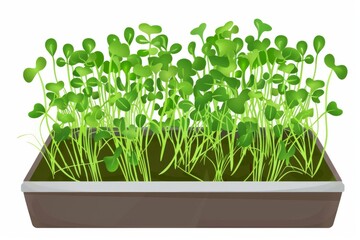 Growing microgreens on a white background. A healthy and wholesome food icon. Websites, print, textiles, packaging