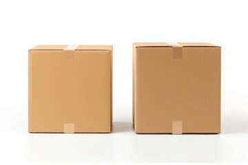 Two cardboard boxes are sitting on a white background. The boxes are identical in size and shape. They are both brown and have tape on the top