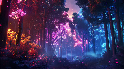 a serene forest scene with tall trees and a vibrant purple flower under a clear blue sky