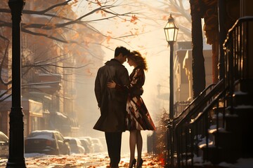Winter, street scene, noon, soft sun, a white couple walking down the street, the man's hand on the woman's shoulder