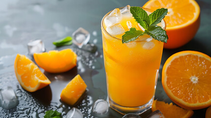 a glass of orange juice with ice cubes sits on a gray table, accompanied by a green leaf and an ora