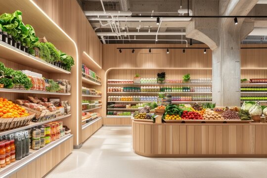 An interior design of the modern grocery store plant supermarket indoors