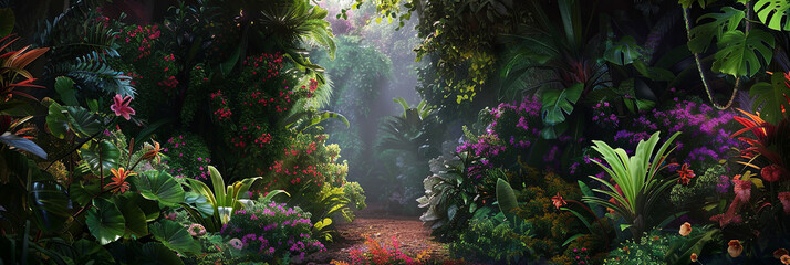 Fototapeta na wymiar beautiful jungle with colorful flowers and green leaves, generative AI