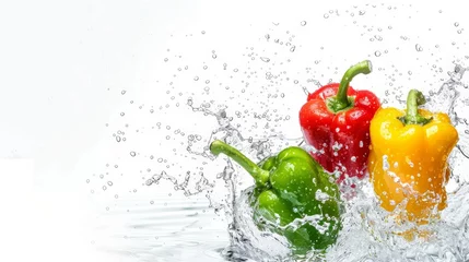 Gordijnen Three peppers in water on white background © 2rogan