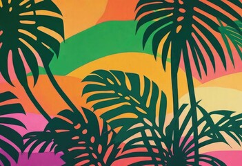 palm leaves in different shades of jungle green, overlaid with an exotic multicolored painting of a beach sunset.