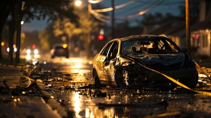 Amidst the somber silence, the car crash aftermath serves as a stark reminder of the ripple effects of reckless driving, leaving a community in mourning and searching for answers. - obrazy, fototapety, plakaty