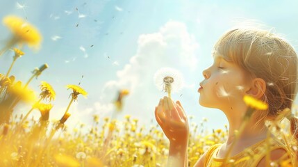 A joyful child blowing on a puff of dandelion seeds in a field of yellow flowers on a sunny afternoon.