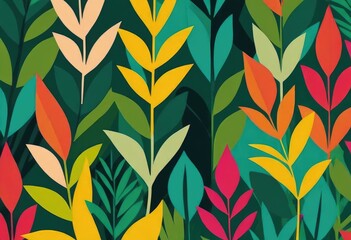 leaves in different shades of jungle green, overlaid with a lively multicolored painting of a tropical rainforest
