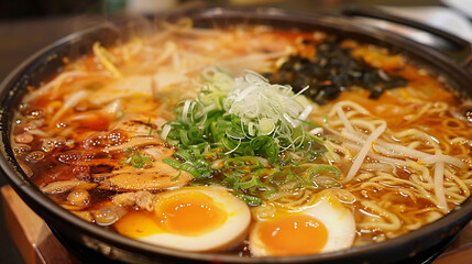 a bowl of ramen topped with a fried egg and a white and yellow yolk, served with a wooden spoon