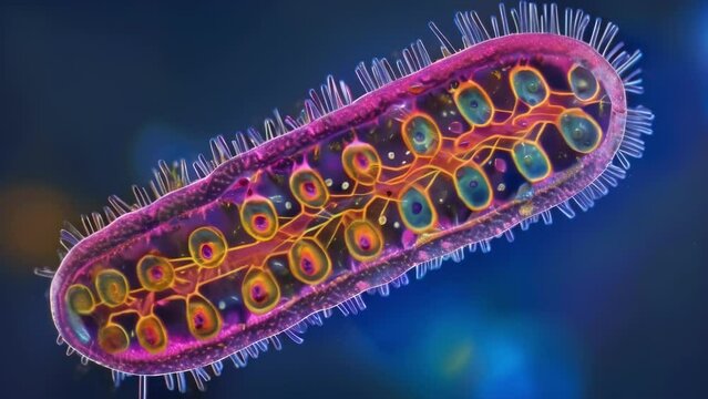 A vibrant image of a paramecium its oval body adorned with bands of cilia that appear to shimmer with rainbow colors. . AI generation.