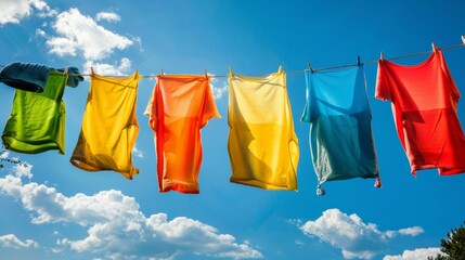 A clothesline filled with vibrantly colored, freshly washed laundry drying in the sunshine, representing a natural and eco-friendly drying method.