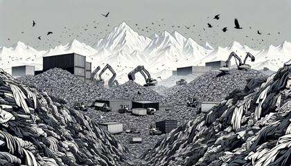 Clothing Waste Landfill Environmental and sustainability Impact monochrome Illustration