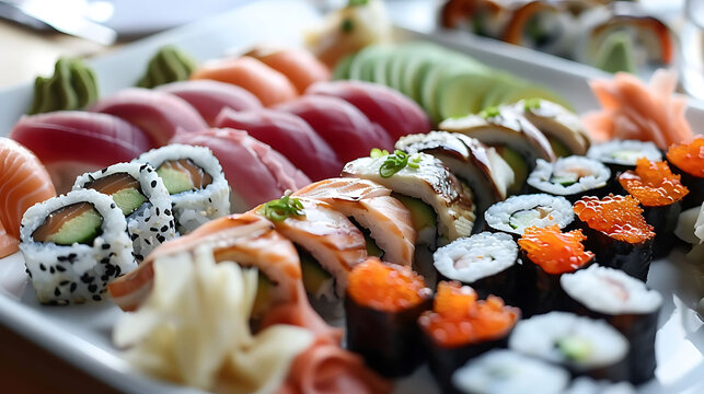 a plate of assorted sushi, including rolls, rolls with sauce, and rolls with cheese, arranged from