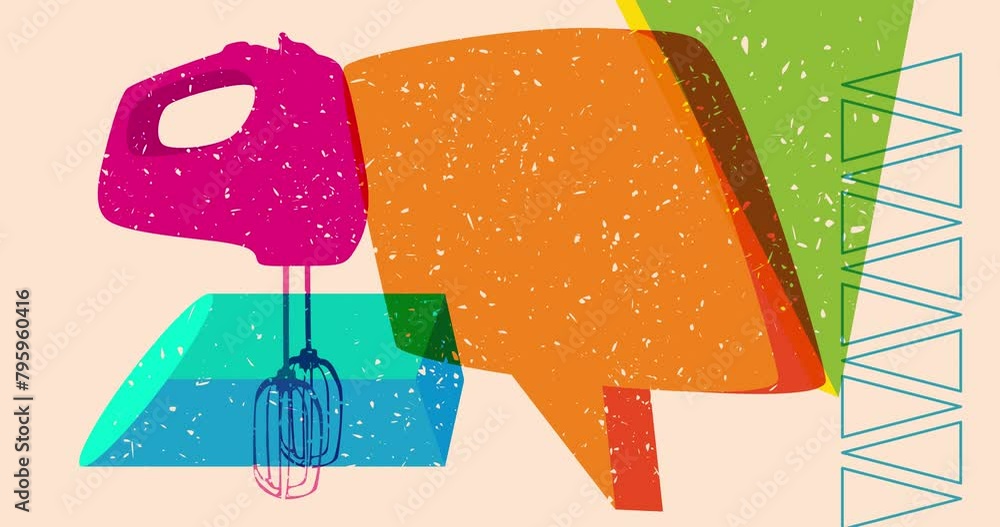 Poster risograph electric mixer and speech bubble with geometric shapes animation. moving object in trendy 
