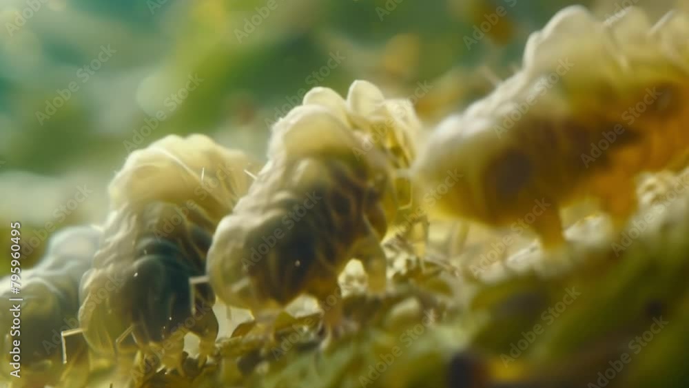 Poster a group of tardigrades can be seen under a microscope appearing as tiny translucent creatures with t