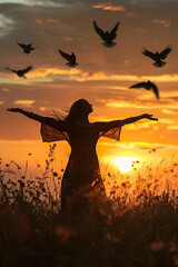 Fototapeta premium Silhouette of a Liberated Woman Symbolizing Freedom, happiness and Healing
