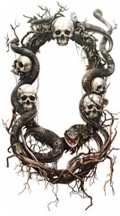 Scary creative frame of snakes and skulls on white background 