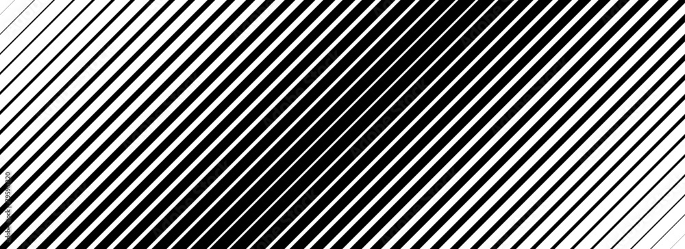 Poster Oblique line halftone gradient texture. Fading diagonal stripe gradation background. Slanted pattern backdrop. Thin to thick stripe vanish backdrop for overlay, print, cover. Vector wide texture