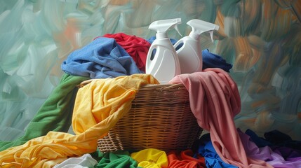 A laundry detergent bottles, softener sprays, and a wicker basket overflowing with colorful clothes.