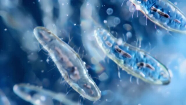 A of nematodes swimming in a drop of water visible only through a powerful microscope. Their synchronized movements resemble a dance . AI generation.