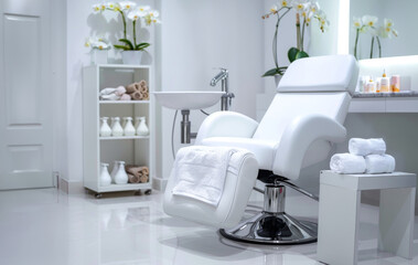 Interior of a modern beauty pedicure spa salon with white pedicure chair and white towels, caring for your feet
