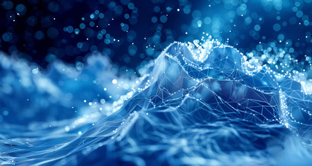 abstract icy cyberspace blue waves, mountains with digital particles, polygonal lines and bokeh