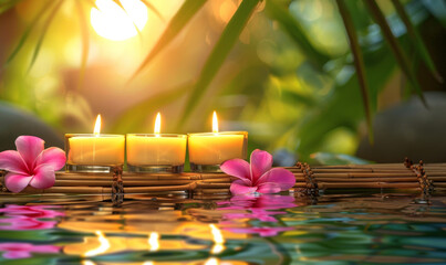 Three burning cosmetic candles on a bamboo stand, frangipani flowers and tropical leaves reflected in the water, bokeh, relaxation spa background