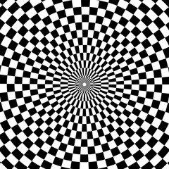 Checkered optical illusion. Black and white hypnotic spiral. Geometric radial pattern. Vector illustration. EPS 10.