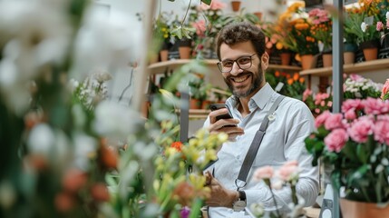 A Happy Caucasian independent small businessman while multitasking. He stood confidently on his apron amidst a small flower center. Talk easily on the phone and write down order details.