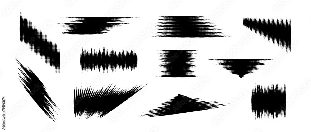 Aufkleber Halftone glitch element set. Dotted textured geometric form collection. Grunge abstract halftone spikey shapes for print, banner, poster, collage, overlay, label, tag. Distressed sharp vector pack