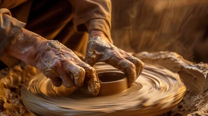 The hands of a potter skillfully molding clay into a container. Making pottery with the delicate movement and attention to detail that defines the art of ceramics. - obrazy, fototapety, plakaty