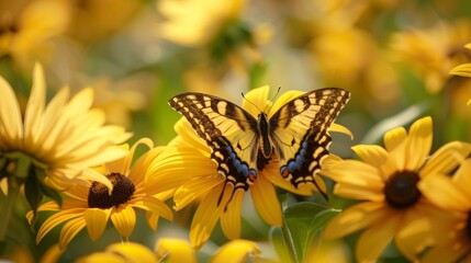 The interaction between yellow flowers and animals, like a butterfly resting on a sunflower or a bee gathering pollen. 