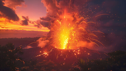 an orange sky illuminates the night sky as a volcano erupts in the distance - obrazy, fototapety, plakaty
