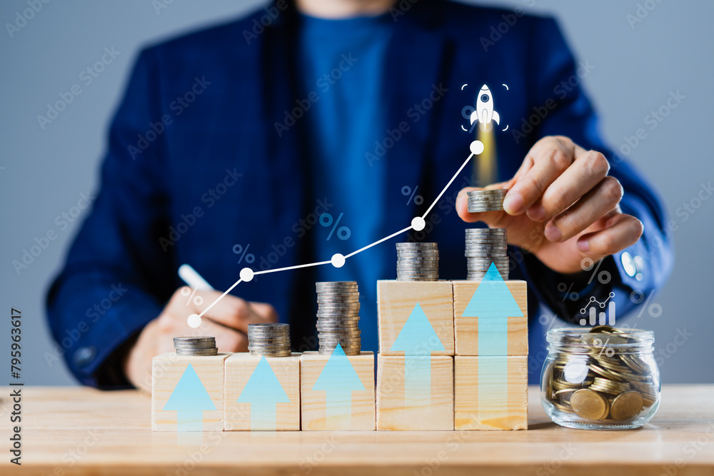 Poster a man is putting coins on stack with a graph showing the growth of money