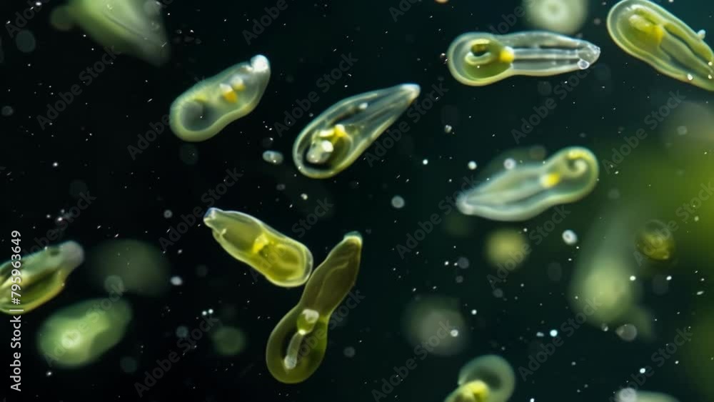 Poster a group of euglenoids resembling tiny green jelly beans swimming together in a drop of freshwater. e