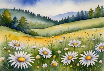 Fototapeta premium watercolor depiction of a meadow filled with daisies.