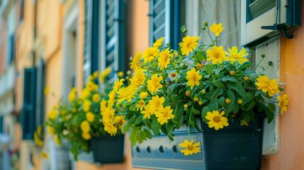 Colorful window boxes overflowing with yellow flowers adding a vibrant touch to a sunny city street.Summer flower.