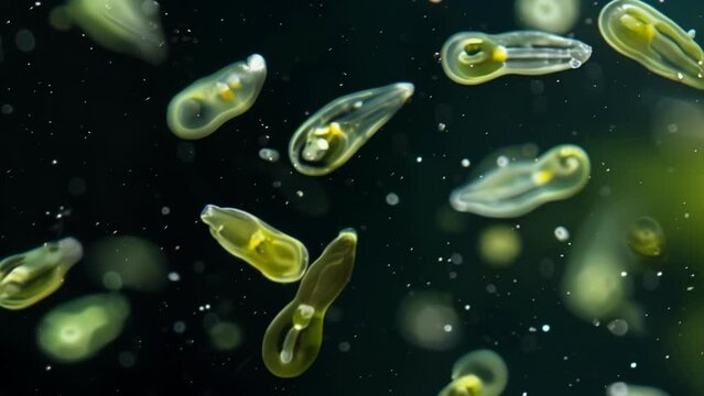A group of Euglenoids resembling tiny green jelly beans swimming together in a drop of freshwater. Each organism has a distinct shape . AI generation.