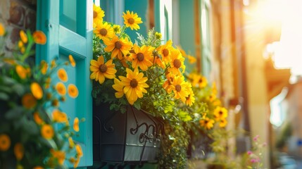 Colorful window boxes overflowing with yellow flowers adding a vibrant touch to a sunny city street.Summer flower.