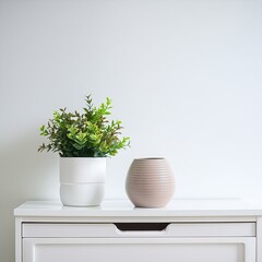 a modern vase and interior plant pot on sleek white furniture against a clean white background, plant in a flowerpot